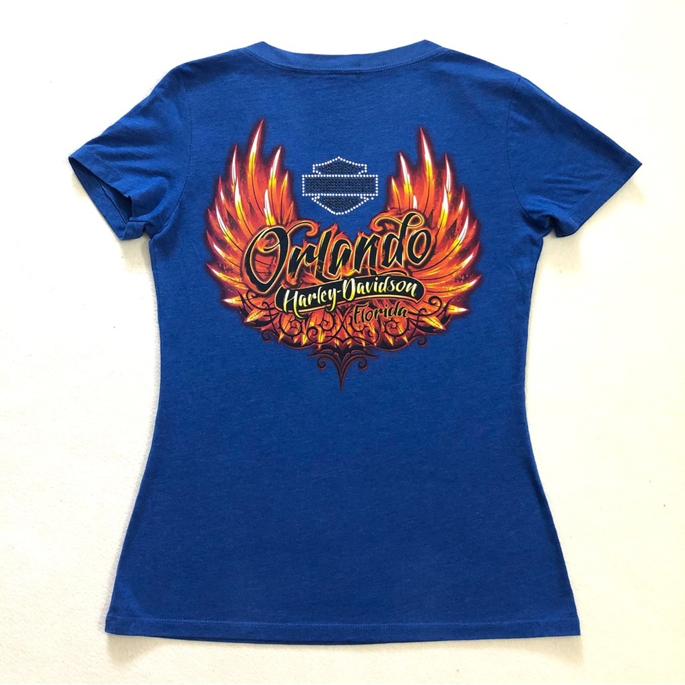 Harley Davidson Women Blue Orlando Feather Wing Graphic Print Rhinestone Shirt M